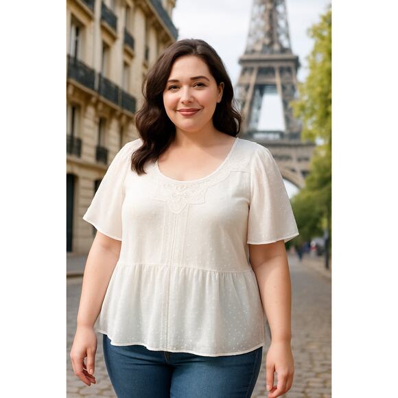 Cato White Swiss Dot Lace Yoke Blouse 22/24W Women Plus Sleeve Detail - Picture 1 of 10
